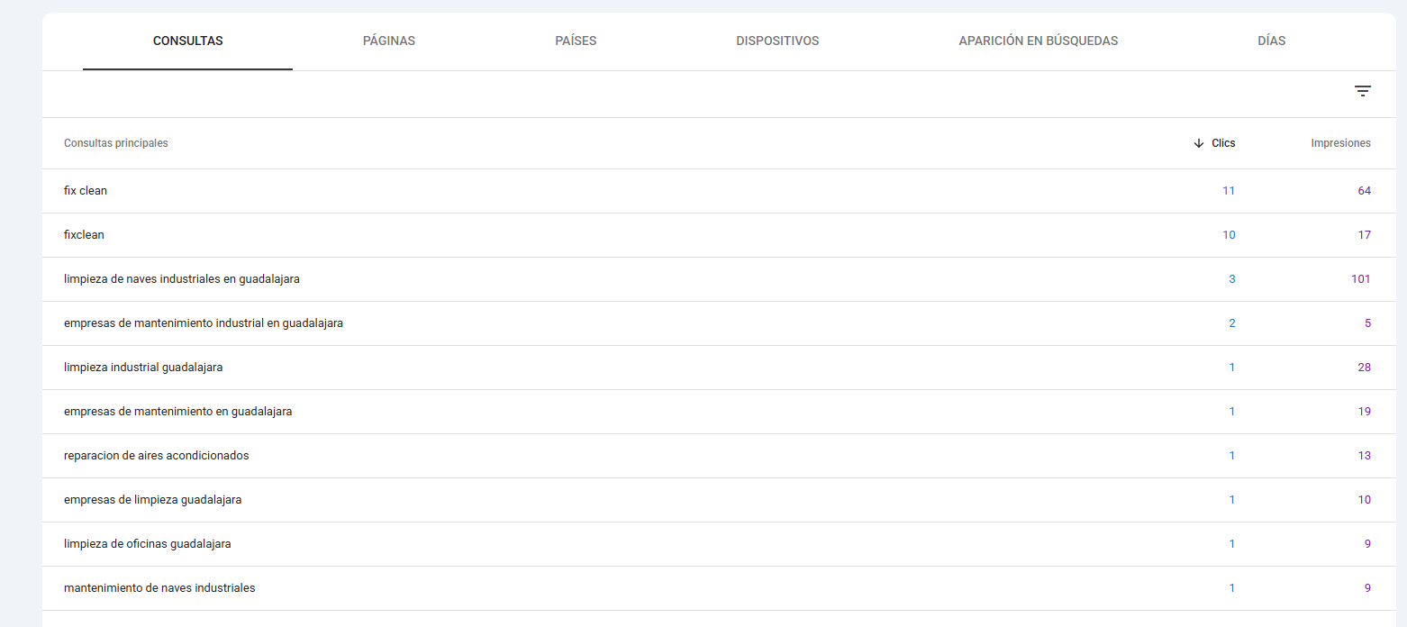 Consultas de Search Console con tráfico de intención comercial para FixClean GDL